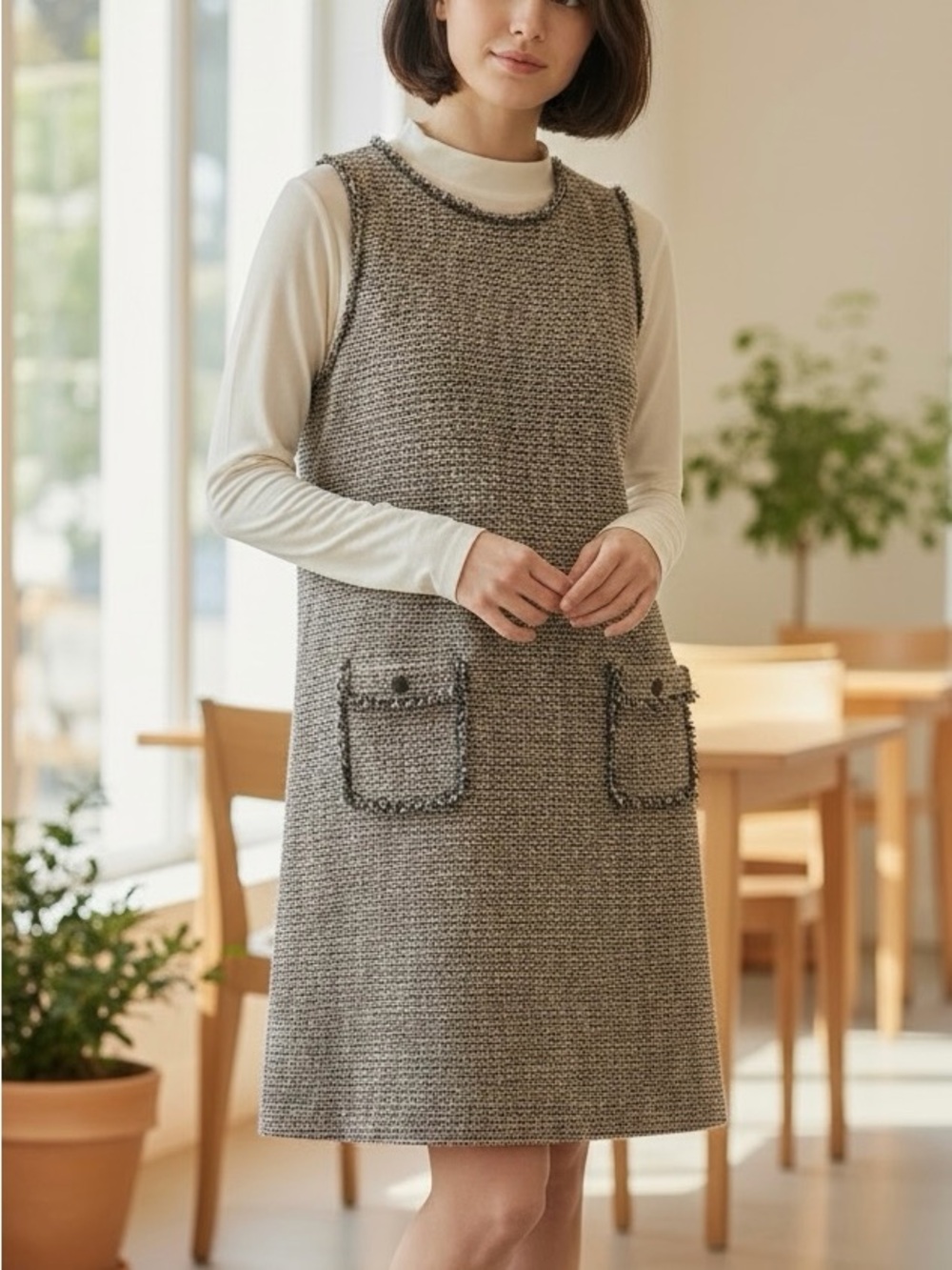 J. Jill Butterscotch Tweed Knit Jumper Dress w/ Fringe Patch Pockets - Medium